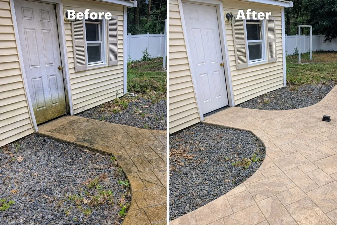 before & after pressure washing of stamped concrete walkway