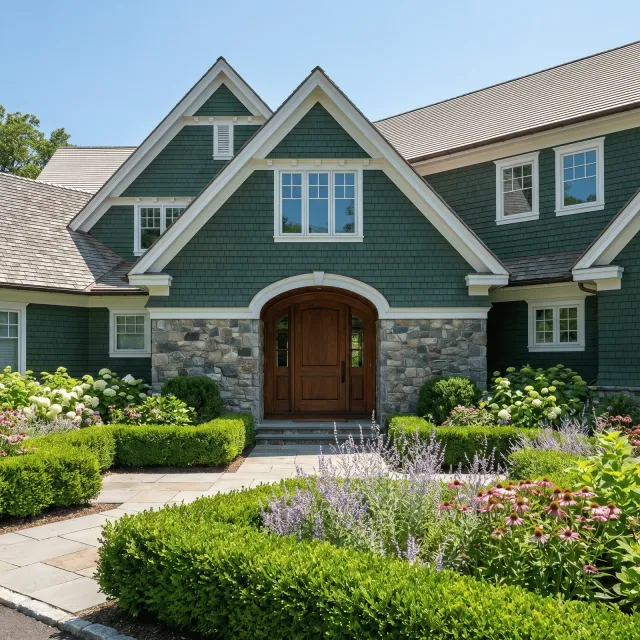 Green house with stone facade and well-maintained garden