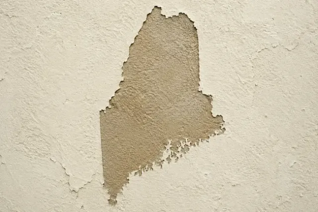 A wall with peeled paint in the shape of Maine