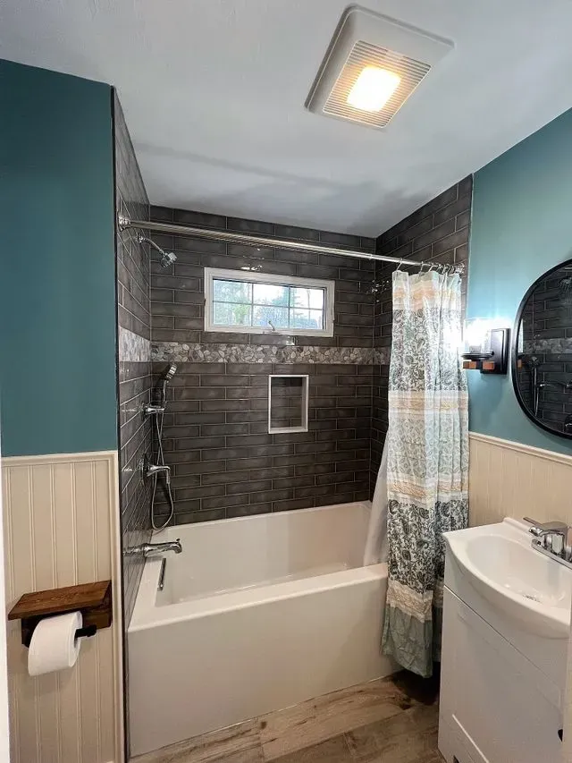 Shower part of blue bathroom - Mendon, MA | American Bath Works