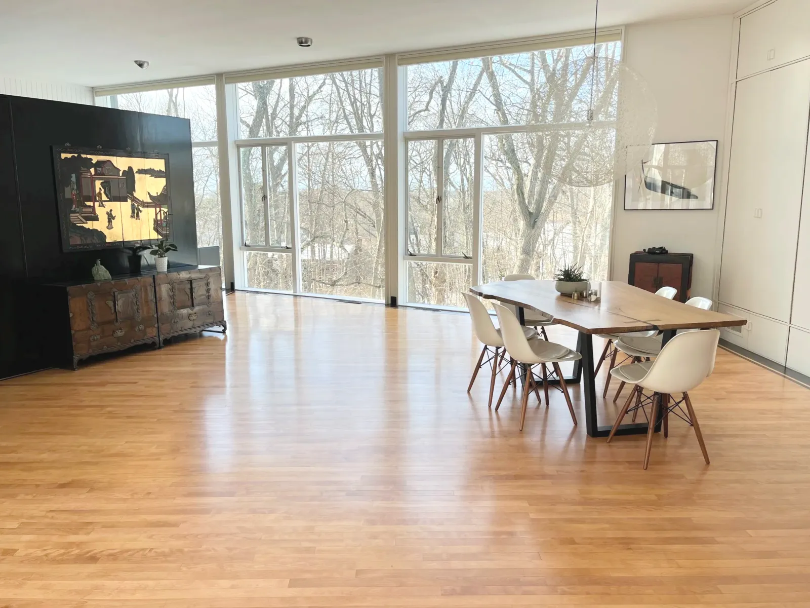 Refinished oak floor in open dining area