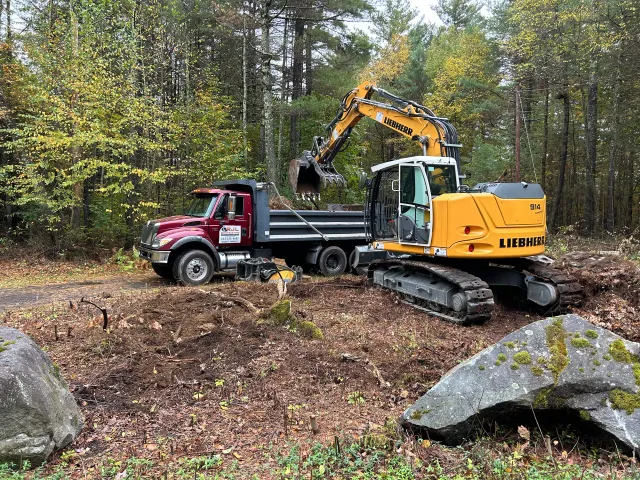 Residential site prep with stump and boulder removal, Belchertown MA