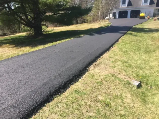 A driveway leading to a house with a tree on the side of it