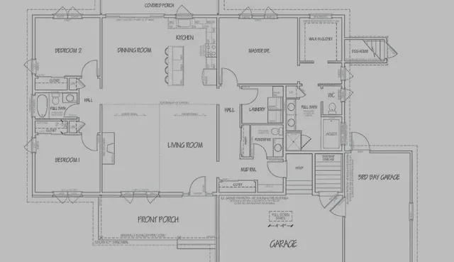 Floor plan of a single-story home featuring three bedrooms, two full bathrooms, a kitchen, dining and living rooms, a front porch, and a garage.
