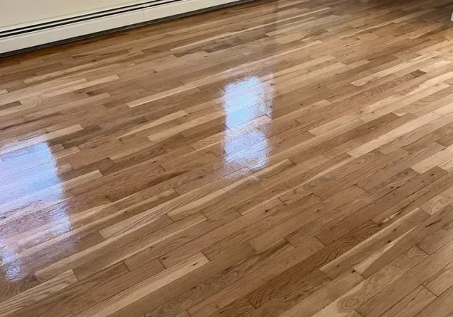 Freshly refinished shiny oak hardwood floors reflecting natural light in a bright, empty room with white walls.