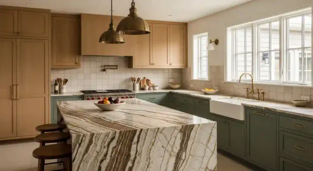 Quartzite kitchen countertop with waterfall island – Northern Granite & Marble, West Springfield MA