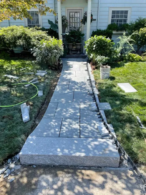 Concrete front walkway leading to a house entrance, bordered by shrubs and garden edges.
