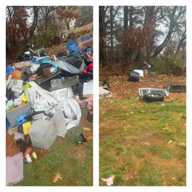 Overflowing trash and scattered debris in a wooded yard after cleanup.