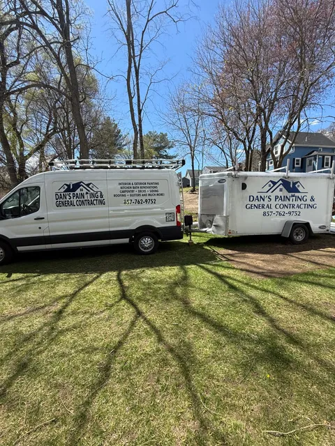 Dan's Painting & General Contracting work van and enclosed job-site trailer parked on a job in Newton, MA