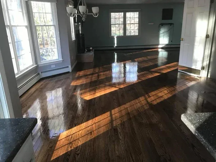 Empty living room with hardwood floors and sunlight coming through large windows, casting shadows on the floor.