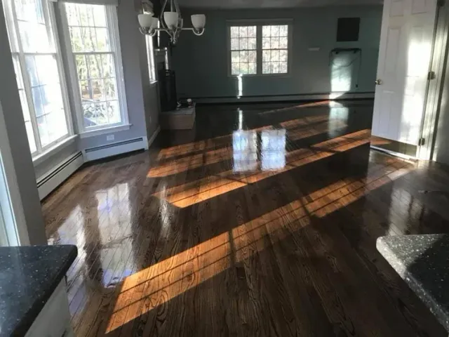 Empty living room with hardwood floors and sunlight coming through large windows, casting shadows on the floor.