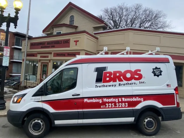 Trethewey Brothers company truck parked in front of the TBros office in Roslindale, Massachusetts