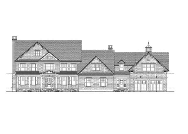 Black and white line drawing of a large residential house with multiple gables, a front porch, and attached garage.