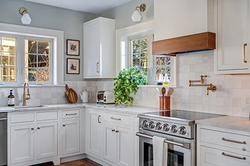 Bright white kitchen with stainless steel stove, brass fixtures, green plant on counter, and two windows.