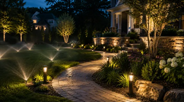 A beautifully lit garden pathway at night with landscape lighting, trees, shrubs, and a house in the background.