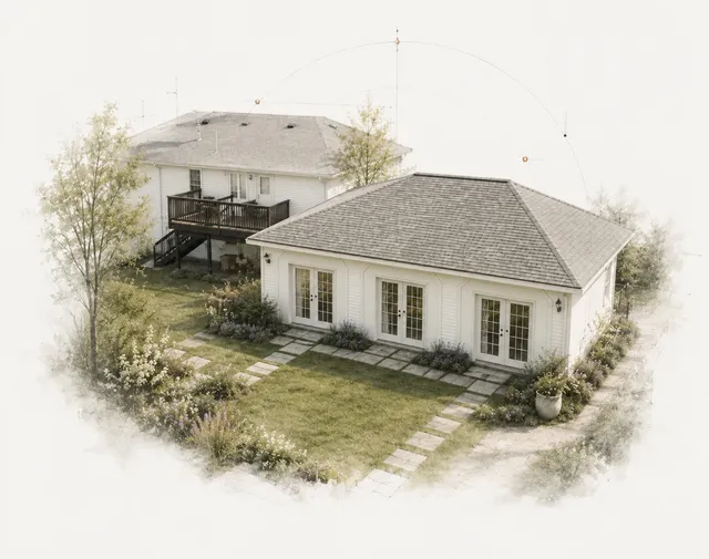 Watercolor rendering of a Capstone Design Partners single-story addition with French doors and garden