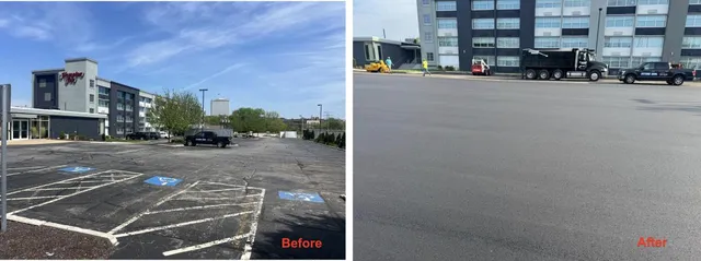Before and after of a resurfaced commercial parking lot
