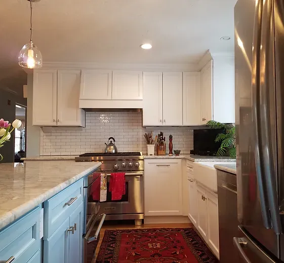White Kitchen Cabinets with Custom Blue Kitchen Island