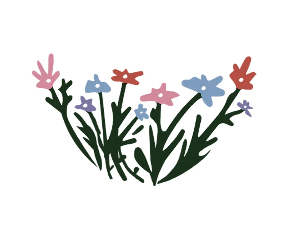 Illustration of colorful flowers with pink, blue, purple, and red petals and green stems on a white background.