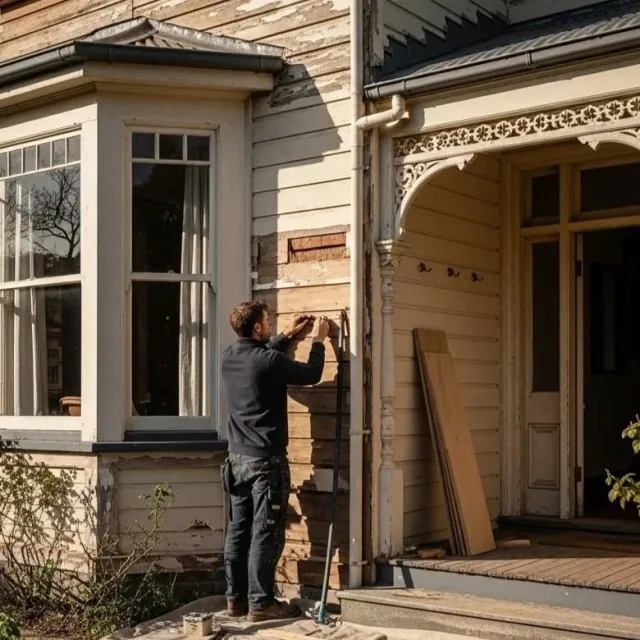 A man in safety glasses and gloves repairing or inspecting a damaged wooden structure using a tool, with a ladder nearby.