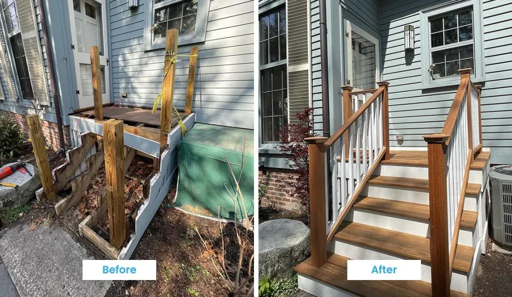 before and after photos of a front step remodel by Dexkos