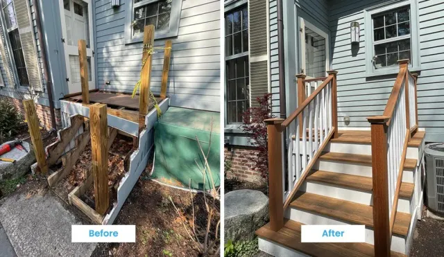 before and after photos of a front step remodel by Dexkos