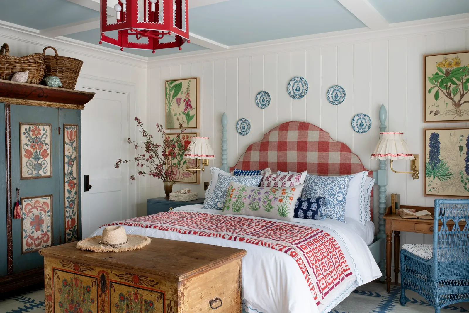 Refined cottage bedroom with antique furnishings and fresh, playful, whimsical accents. Garden inspired.