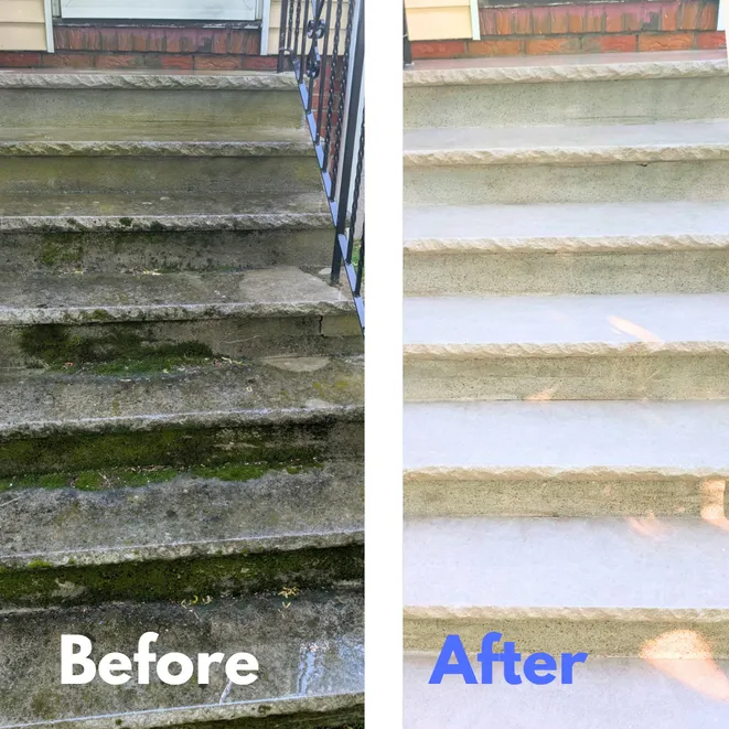 before and after cleaning of moss and mildew from concrete steps in Malden
