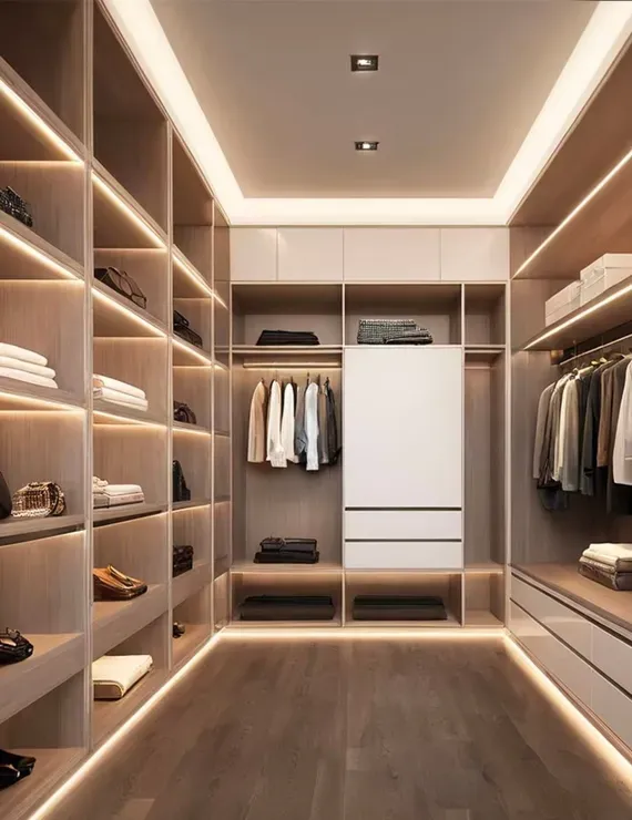 Modern walk-in closet with warm lighting, wood shelves, hanging clothes, and a central white cabinet.