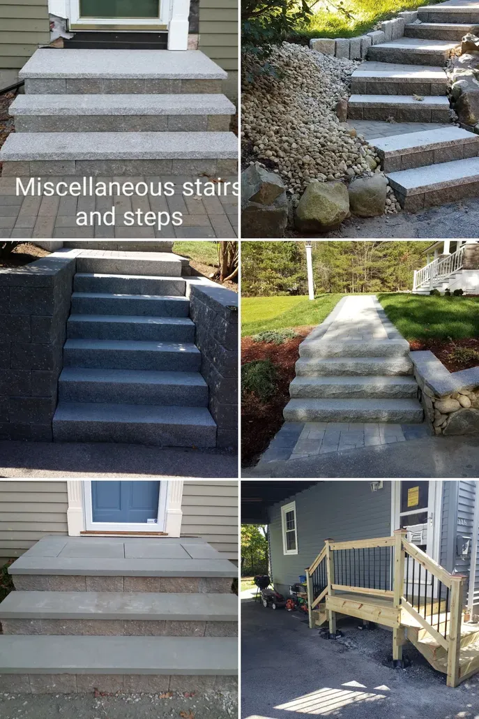 Collage of miscellaneous exterior stairs and steps, including concrete, stone, and wooden ramps and railings