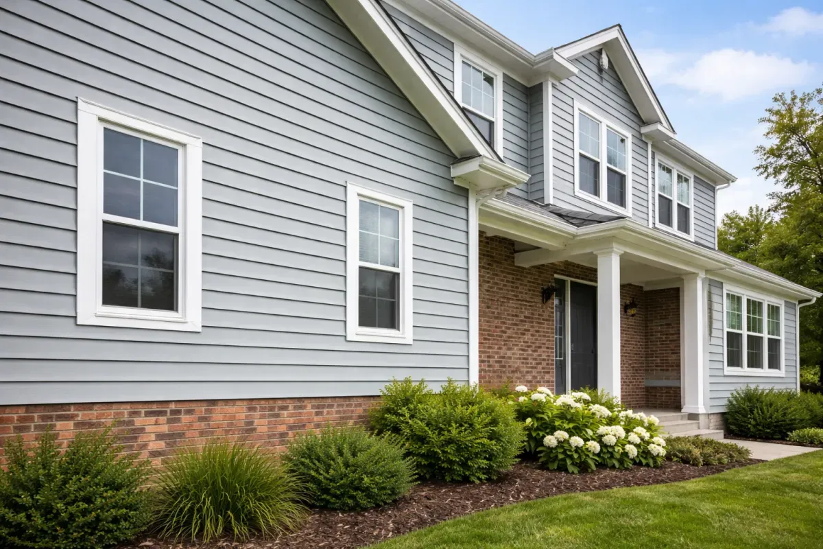 Residential home exterior featuring gray siding, brick foundation, white trim windows, and landscaped garden with shrubs and flowers, illustrating quality siding installation by Crown Roofing.