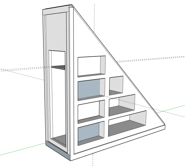 3D model of a triangular bookshelf with multiple shelves and compartments on a black background.