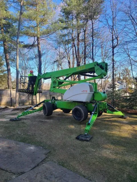 Green boom lift parked on a driveway with a worker in the basket, trees and blue sky behind.