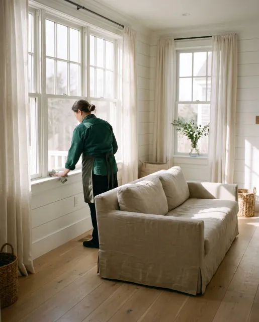 A Sunday Best cleaner wiping a windowsill in a sunlit New England living room