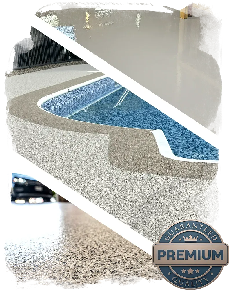A multi-pane visual proof of RL Epoxy Flooring's premium concrete coatings authority, featuring a polished industrial-grade surface, a texturized anti-slip pool deck, and a durable garage flake system with a guaranteed quality badge.