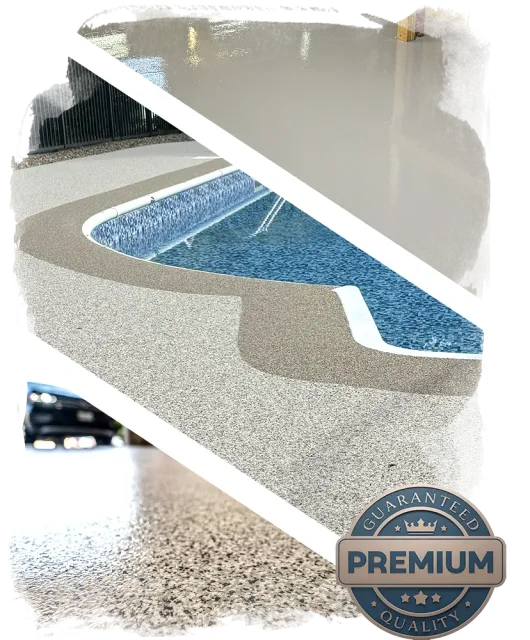 A multi-pane visual proof of RL Epoxy Flooring's premium concrete coatings authority, featuring a polished industrial-grade surface, a texturized anti-slip pool deck, and a durable garage flake system with a guaranteed quality badge.