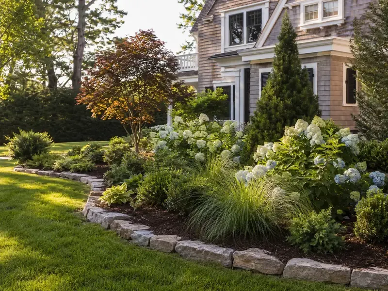 Layered hydrangeas, shrubs, stone edging, fresh mulch, and a healthy lawn