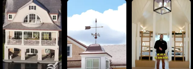 The first image shows the exterior of a large, multi-story house with a boathouse underneath. The second image features a rooftop with a weather vane, pointing in various directions, against a cloudy sky. The third image depicts a man standing in a bunk room with four bunk beds and a central chandelier.
