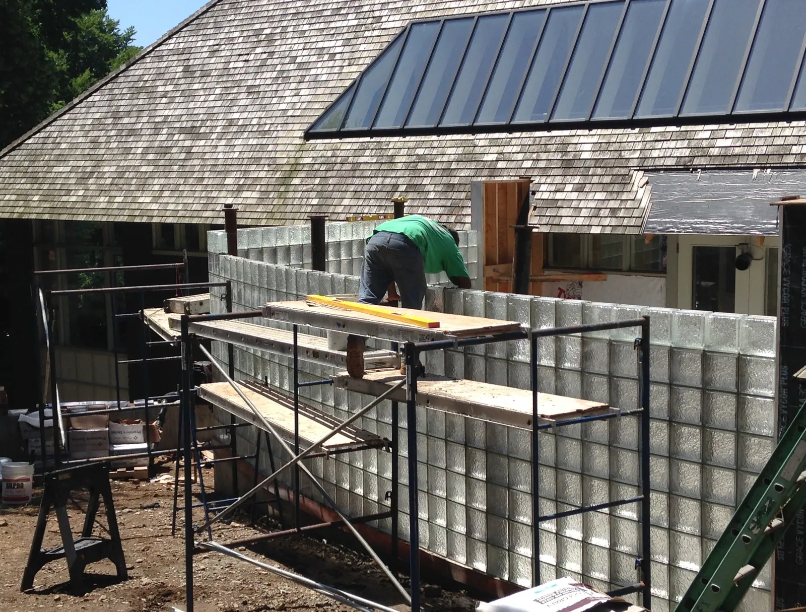 Glass block wall under construction