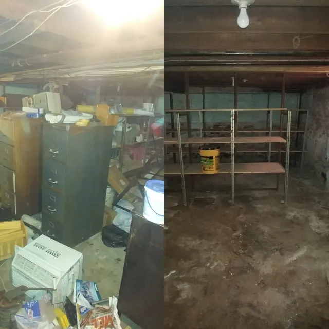 Side-by-side comparison of a cluttered basement before (left) and organized with shelves (right).