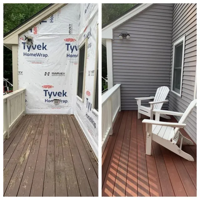 Exterior renovation in Lebanon, NH. Vinyl siding install, Trex decking install, and exterior trim painting.