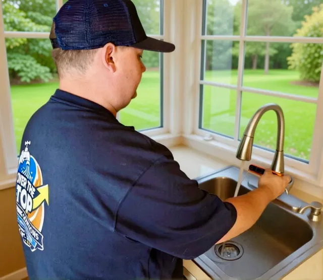 Over the Top Plumbing Solutions plumber testing a kitchen faucet after plumbing fixture service.