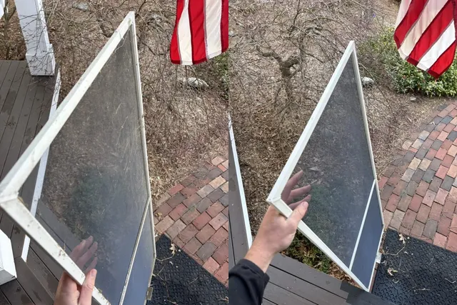 Window screen cleaning before and after dirt pollen and debris removed Weymouth Massachusetts South Shore