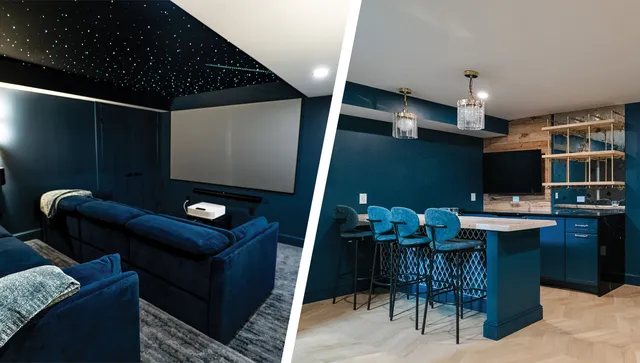 A basement remodel featuring a home theater, entertaining space, bar, half bath, gym, and more - designed and built by JW Design | Build in Southern Maine