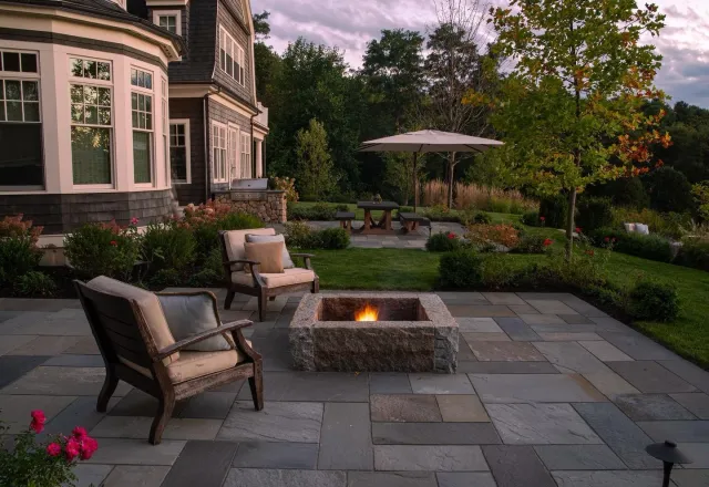 A backyard patio at sunset with four chairs surrounding a square stone fire pit, an umbrella-shaded dining table, green grass, flowering bushes, and a large tree.