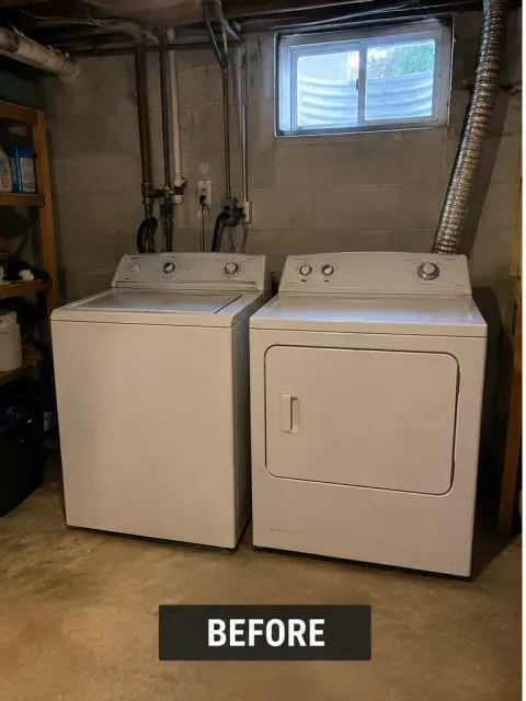 A washer and dryer set in a basement before Pioneer Valley Junk Removal hauled them out
