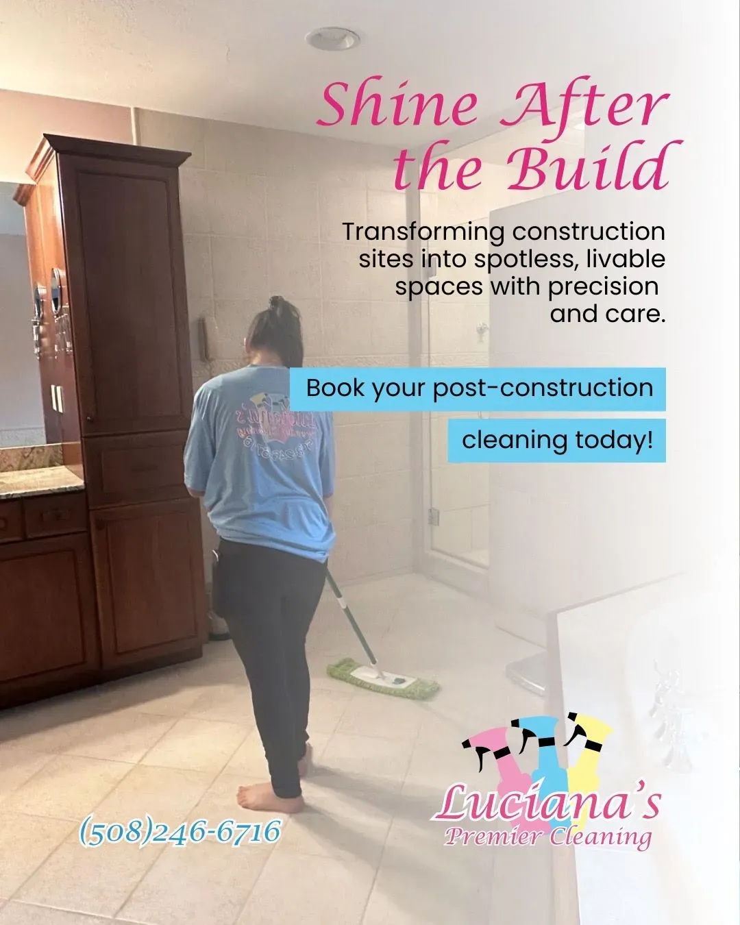 Post-construction cleaning ad with a cleaner in a kitchen, blue headline, and “Book your post-construction cleaning today!”