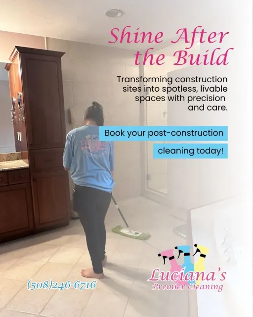 Post-construction cleaning ad with a cleaner in a kitchen, blue headline, and “Book your post-construction cleaning today!”