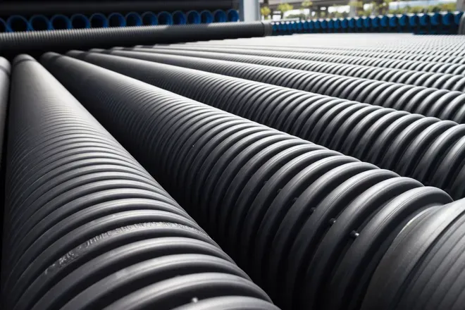 A close-up, angled view of numerous black, corrugated plastic drainage pipes stacked in rows.