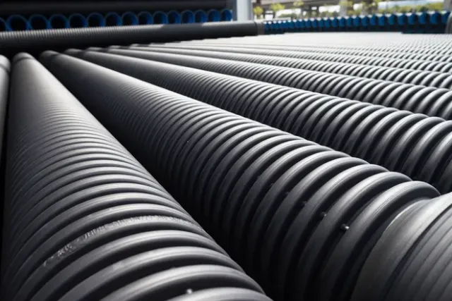 A close-up, angled view of numerous black, corrugated plastic drainage pipes stacked in rows.